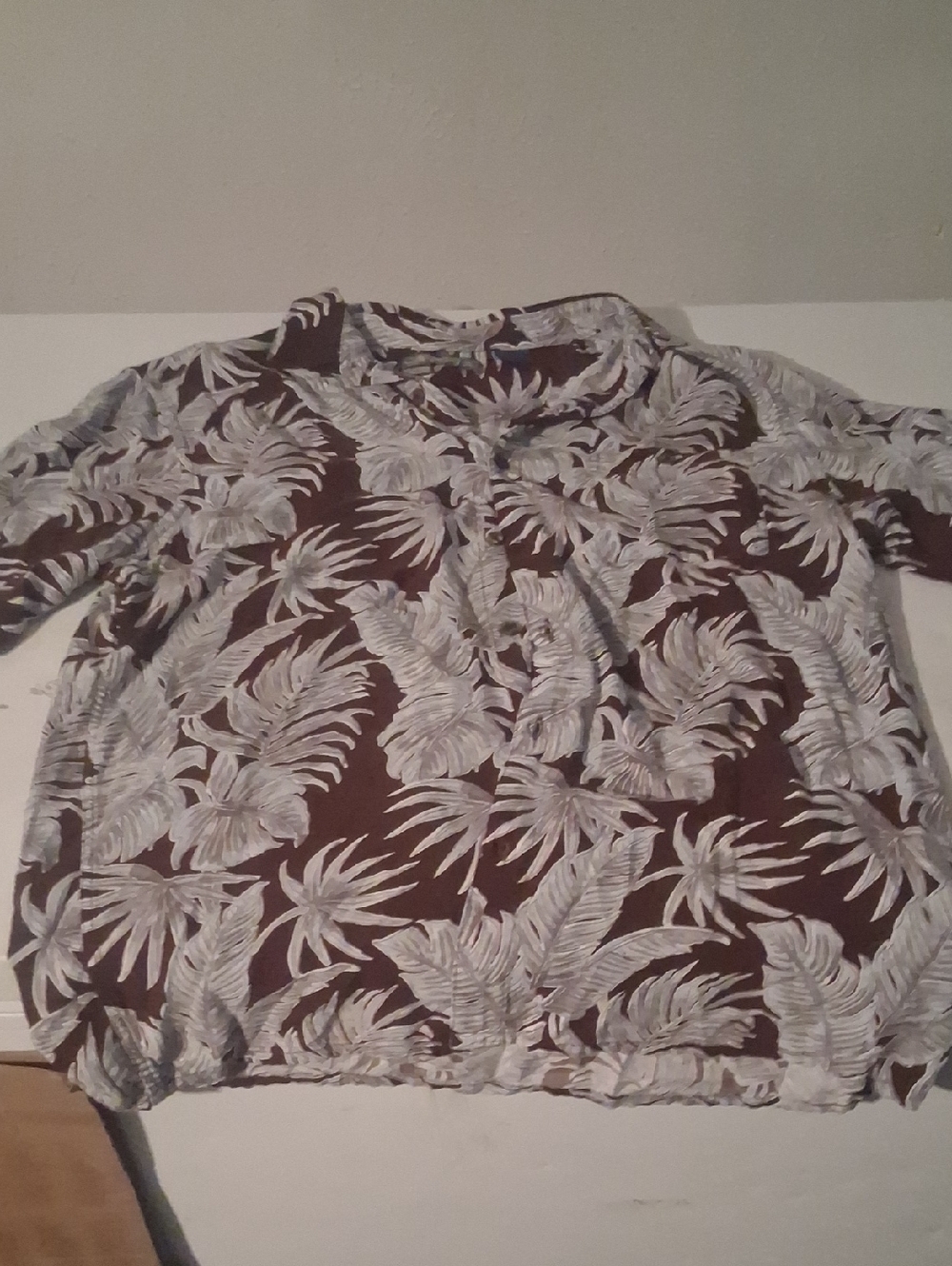 Campia Mens L Tropical Leaf Print Button Up Shirt Brown Cream Rayon Resort - Picture 2 of 7